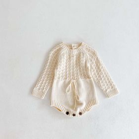 Baby Girl 1pcs Hollow Carved Hand Knitted Fabric Belted Waist Long Sleeve Crotch Onesies (Color: Apricot, Size/Age: 66 (3-6M))