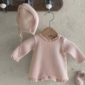Baby Girl Solid Color Waffle Pattern Lace Design Long Sleeves Triangle Bodysuit (Color: Pink, Size/Age: 66 (3-6M))