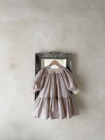 Baby Girl Solid Color Lace Design Square Neck Long Sleeves Princess Dress (Color: Purple, Size/Age: 80 (9-12M))