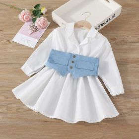 Baby Solid Color Waistband Patched Design Fashion Dress In Summer (Color: Blue, Size/Age: 130 (7-8Y))