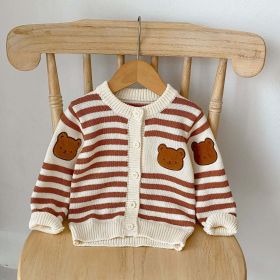 Baby Striped Pattern Cartoon Bear Patched Design Onesies With Cardigan (Color: Brown, Size/Age: 100 (2-3Y))