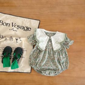 Baby Girls Floral Print Heart Embroidered Design Doll-Neck Onesies (Color: Green, Size/Age: 80 (9-12M))