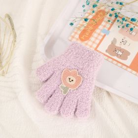 Children's Gloves Autumn And Winter New Warm Cold-proof Fleece Cute Cartoon Bear Five Fingers (Option: Purple-1 3 Years Old)